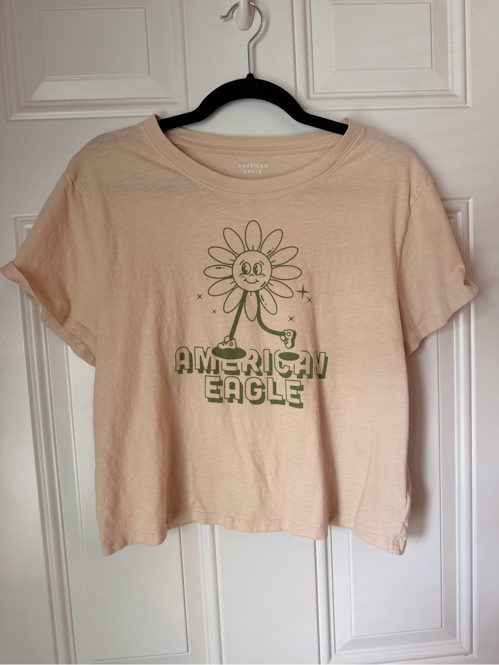 American Eagle Outfitters Cream Tee with Green Daisy Graphic
